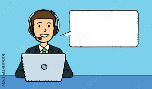 Smiling customer service representative working on laptop. Man dressed in suit has headphones with microphone. Next to the character is a speech bubble. Vector graphics in doodle style.