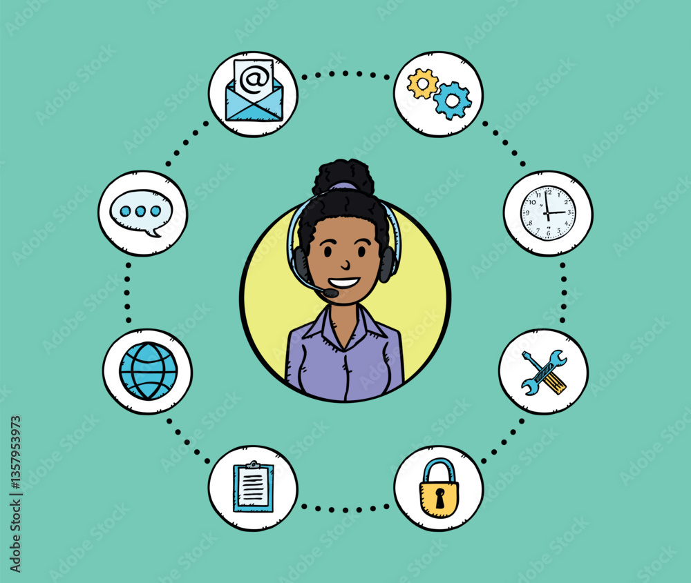 Avatar of a smiling businesswoman with headphones. Around the character are icons of a clock, a padlock, an email, a notebook, a globe, a comment bubble, and a gear. Vector graphics in doodle style.