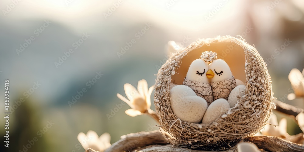 A bird rests in a nest, guarding two eggs in a serene spring setting. A bird rests in a nest, guarding two eggs in a serene spring setting.