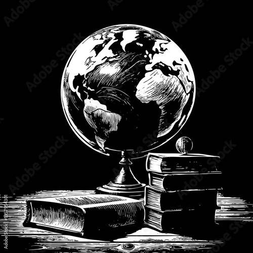Vintage globe and stacked books on a wooden desk