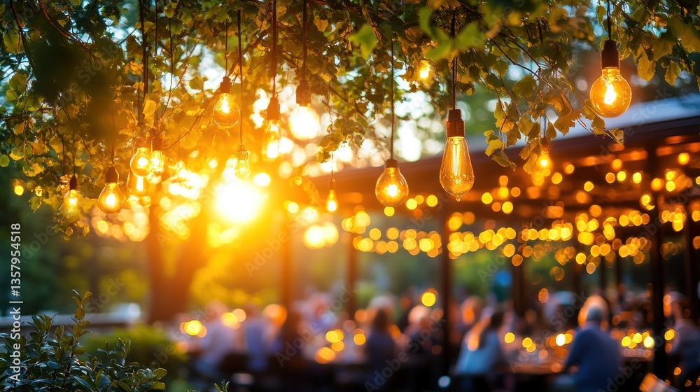 Warm Evening Lights Hanging Underneath Tree Branches Warm Evening Lights Hanging Underneath Tree Branches