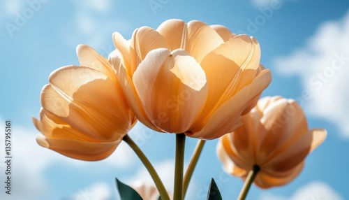 Three yellow tulips float gracefully in the air, symbolizing spring and renewal during Easter.