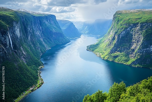 the magical splendor of a mighty Norwegian fjord where high cliffs profound waters and pristine landscapes meet in a transcendent Nordic spectacle  
