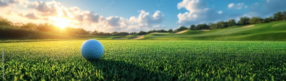 Obraz premium Golf ball on a green at sunset