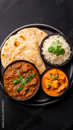 Delicious Indian meal chicken curry, butter chicken, naan bread, and rice