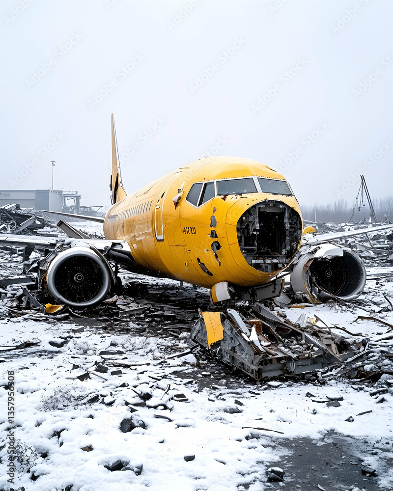 Obraz premium Derelict yellow airplane in snowy junkyard