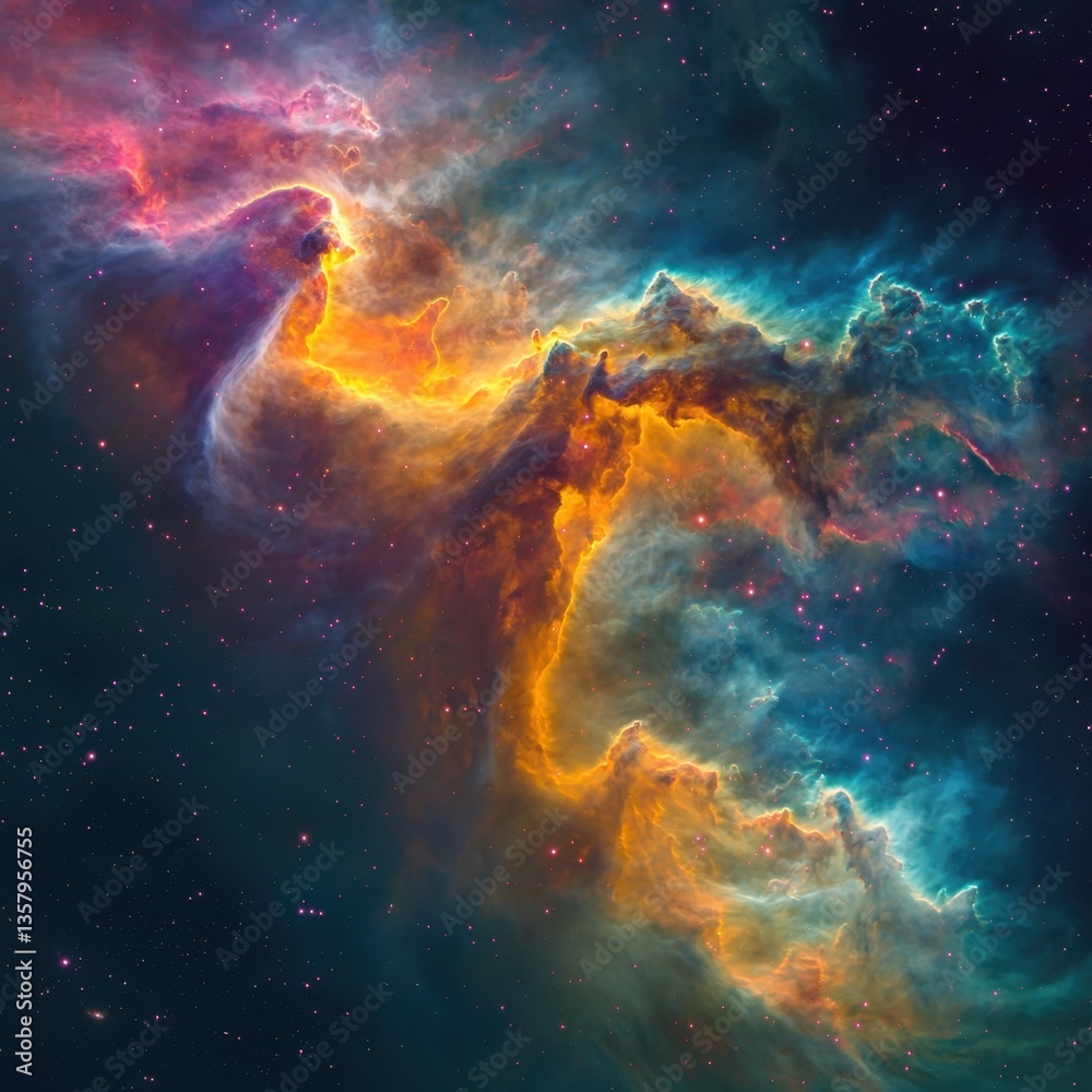 Fototapeta premium A vibrant and cosmic nebula illuminates the night sky with hues of gold, blue, and pink amidst a sprinkle of stars, a celestial wonder.