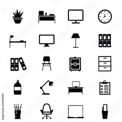 Office Essentials Icon Set – Black Silhouette Vector Collection Featuring Desk, Monitor, Chair, Files, Clock, Plant, Laptop, Safe, Stationery, and Workspace Furniture for Business, Productivity, and W