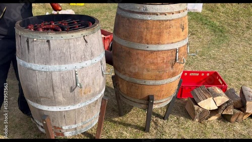 Wooden Barrels Transformed into Outdoor Grill-Smoker photo