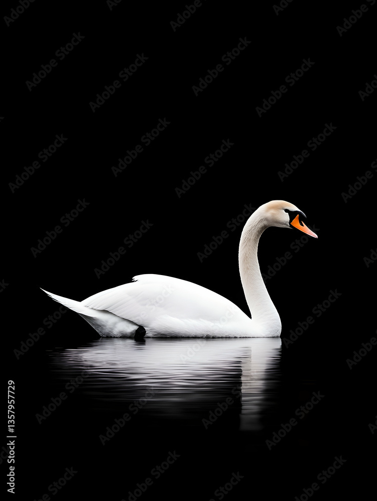 Fototapeta premium Elegant white swan gracefully floats on dark water, its reflection mirrored below