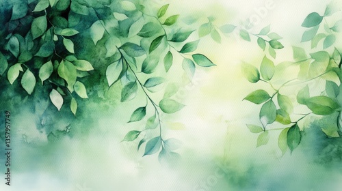 a watercolor painting of green leaves on a white background with space for your text