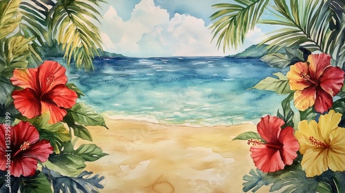 tropical background with hibiscus flowers and palm leaves on a sunny day