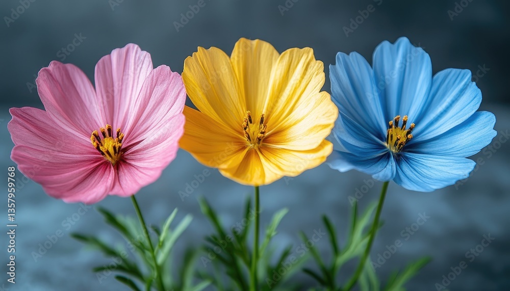 Fototapeta premium Pink, yellow, and blue cosmos flowers bloom. Perfect for spring, summer, or nature themes; evokes serenity and joy.