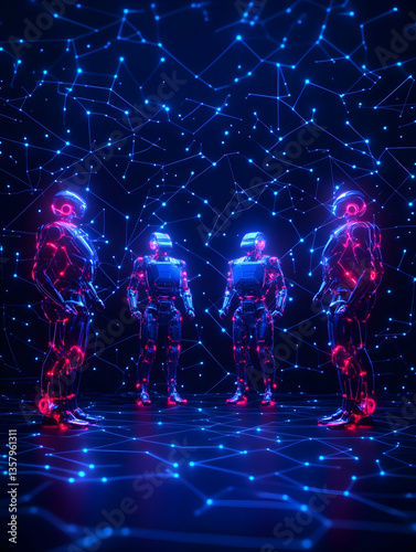 Four glowing robots convene in a digital network