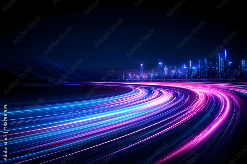 Futuristic cityscape at night with vibrant light trails of speeding vehicle on a curved road Futuristic cityscape at night with vibrant light trails of speeding vehicle on a curved road