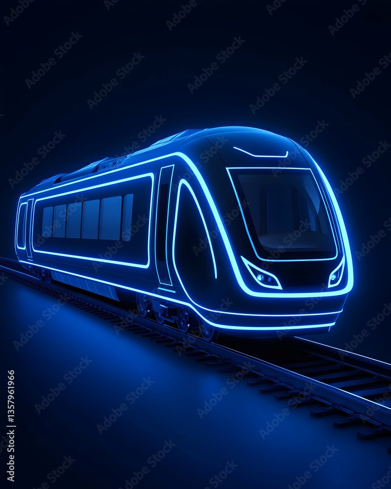 Obraz premium Futuristic electric train illuminated with neon blue light, gliding on tracks at night