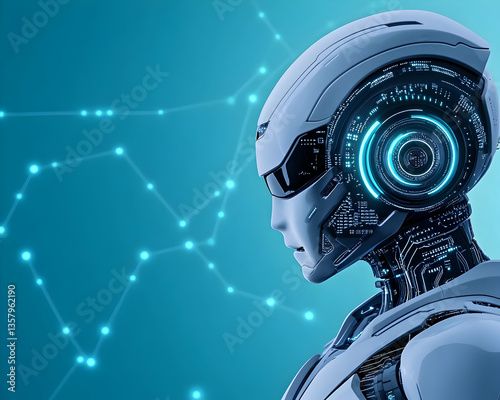 Futuristic robot profile against teal network background