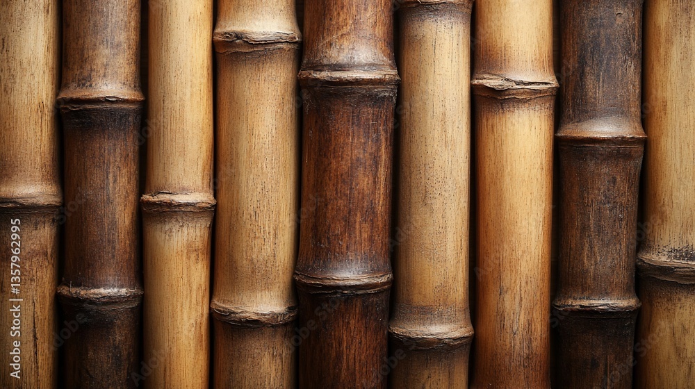 Close-up of vertically arranged bamboo stalks, showcasing varied shades of brown and texture Close-up of vertically arranged bamboo stalks, showcasing varied shades of brown and texture