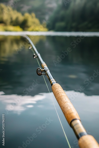 Minimalist fishing rod with calm lake colors, suited for leisure sports or outdoor themes