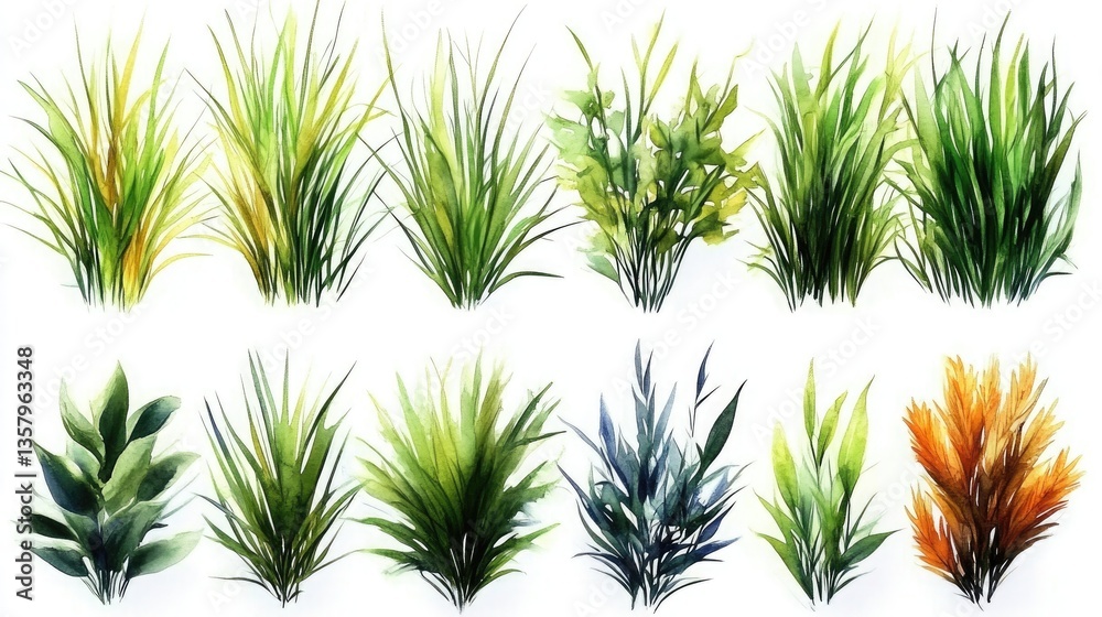 Set of watercolor grass bushes on white background. A hand-drawn set of tropical plant elements in a modern. Set of watercolor grass bushes on white background. A hand-drawn set of tropical plant elements in a modern.
