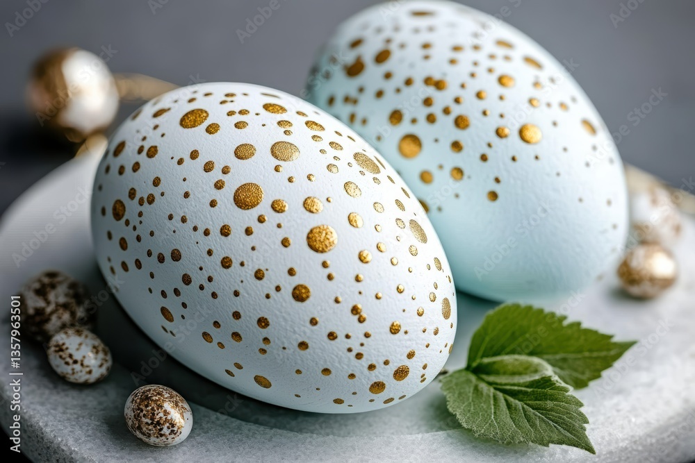 Obraz premium Two golden-dotted eggs sit elegantly on a plate, celebrating the spirit of Easter.