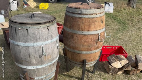 Wooden Barrels Transformed into Outdoor Grill-Smoker photo