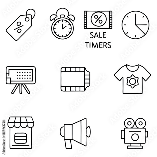 Ecommerce Sale and Marketing Icon Set Vector – Outline Style Line Art Illustrations of Discount Tags, Countdown Timers, Film Frames, Alarm Clock, T-Shirts, Storefronts, Megaphone, Calendar, and Camera