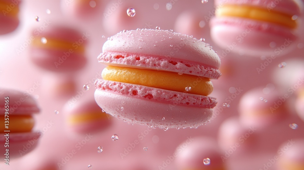 Pink macarons with orange filling, water droplets. Perfect for food blogs, dessert menus, or any project needing a sweet, elegant touch. Pink macarons with orange filling, water droplets. Perfect for food blogs, dessert menus, or any project needing a sweet, elegant touch.