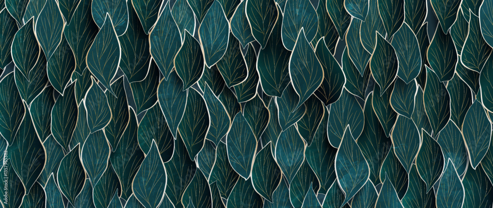 Fototapeta premium Luxury art background with green and blue leaves with golden elements of hand-drawn line. Botanical banner for decor, print, textile, wallpaper, interior design, packaging, poster.