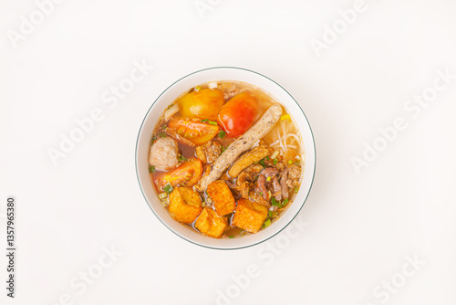 Wallpaper Mural Bun Rieu Cua, Crab paste vermicelli soup with minced shrimp, tofu, tomato, shrimp paste, Vietnamese food isolated on white background, close up Torontodigital.ca
