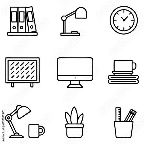Office Icon Set Outline Vector – Minimal Desk Accessories with File Binders, Lamp, Clock, Monitor, Coffee Cup, Stationery, Plant, and Whiteboard for Business and Workspace Themes