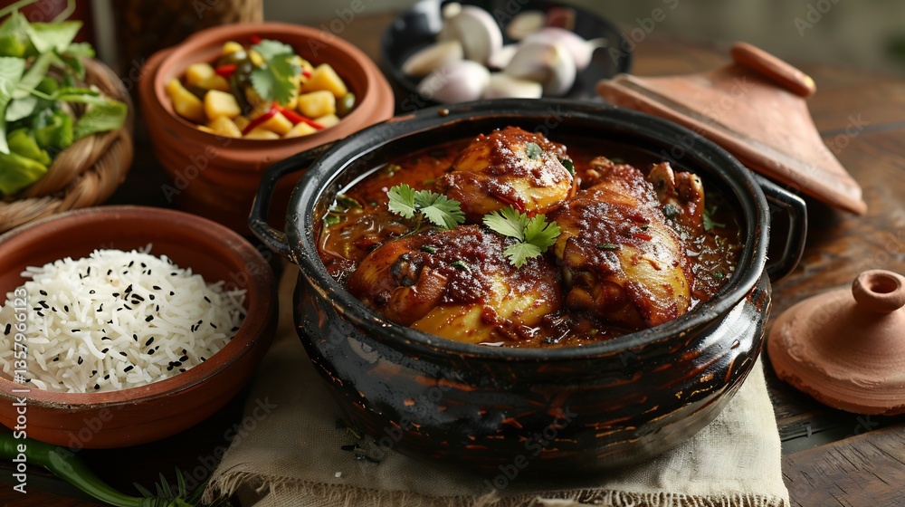 Chettinad Chicken Curry Spread fiery Chettinad Chicken Curry slow cooked aromatic spice served fluffy appams coconut rice side of crispy Medu Vada setting rustic clay pot traditional brassware Chettinad Chicken Curry Spread fiery Chettinad Chicken Curry slow cooked aromatic spice served fluffy appams coconut rice side of crispy Medu Vada setting rustic clay pot traditional brassware