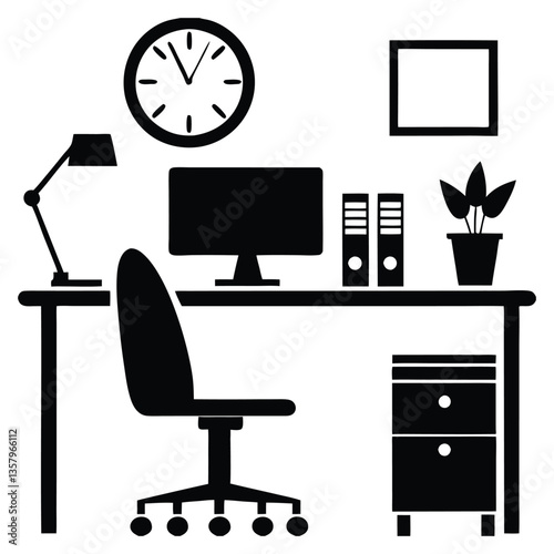 Modern Office Workspace Silhouette Vector – Desk, Chair, Computer, Lamp, Clock, Plant, Drawers, Frame, and File Binders Icon Set for Business, Productivity, and Interior Design Concepts