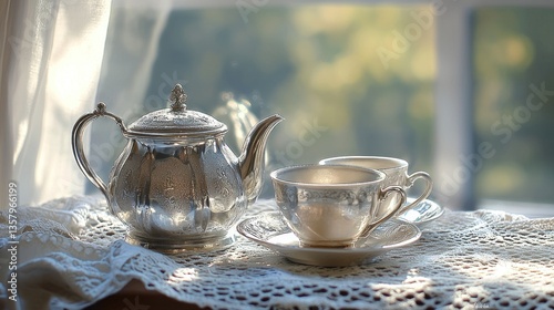 Silver tea set by window, sunlight, lace