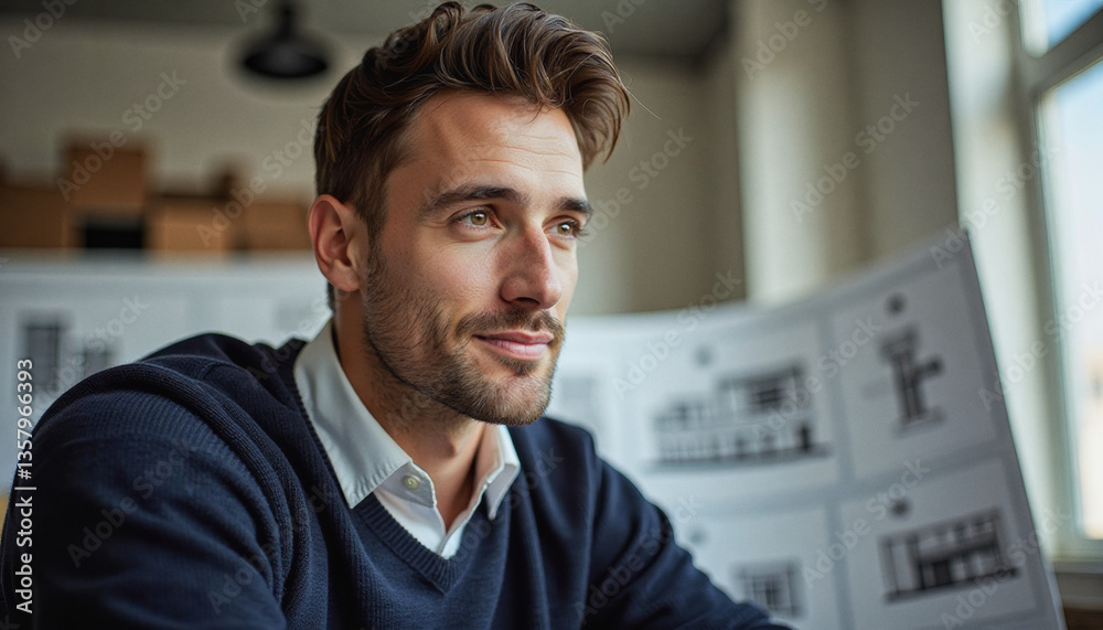Obraz premium Portrait headshot photo of diverse friendly people: A thoughtful man gazes out a window, surrounded by architectural blueprints.