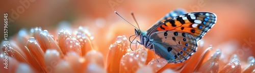 A detailed shot of a beautiful butterfly resting on flower petals. Its wings display intricate patterns, and the vibrant colors create a sense of tranquility.
