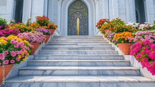 Wide marble stairs leading up to a grand mosque entrance