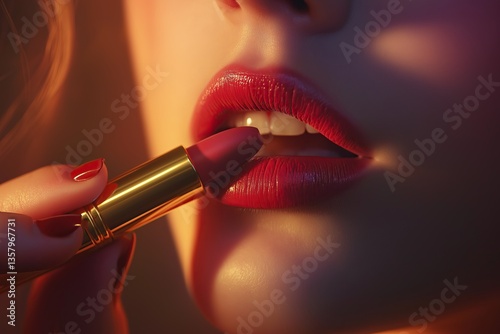 Part of a young woman's face, lips and chin, while applying lipstick