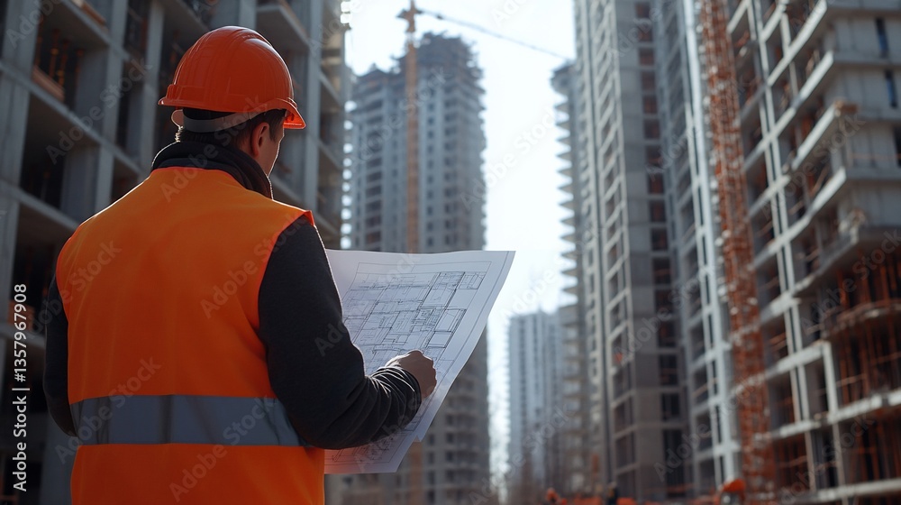 Obraz premium Construction worker reviewing blueprints at a high-rise building site