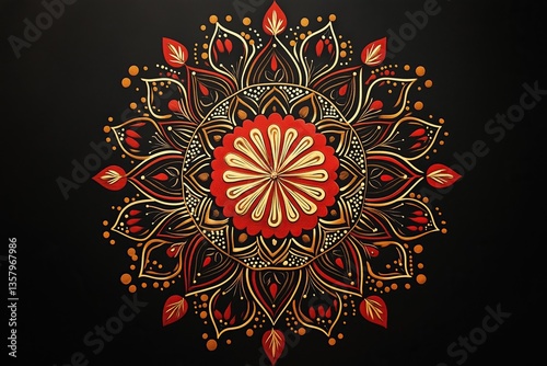 Vivid artistic mandala painted in red tones on a smooth black surface