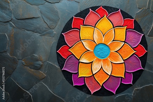 Mandala made of colorful bright drawn leaves in circles on a blue stone surface