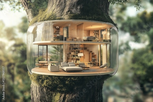 Miniature house nestled in the trunk of a growing tree