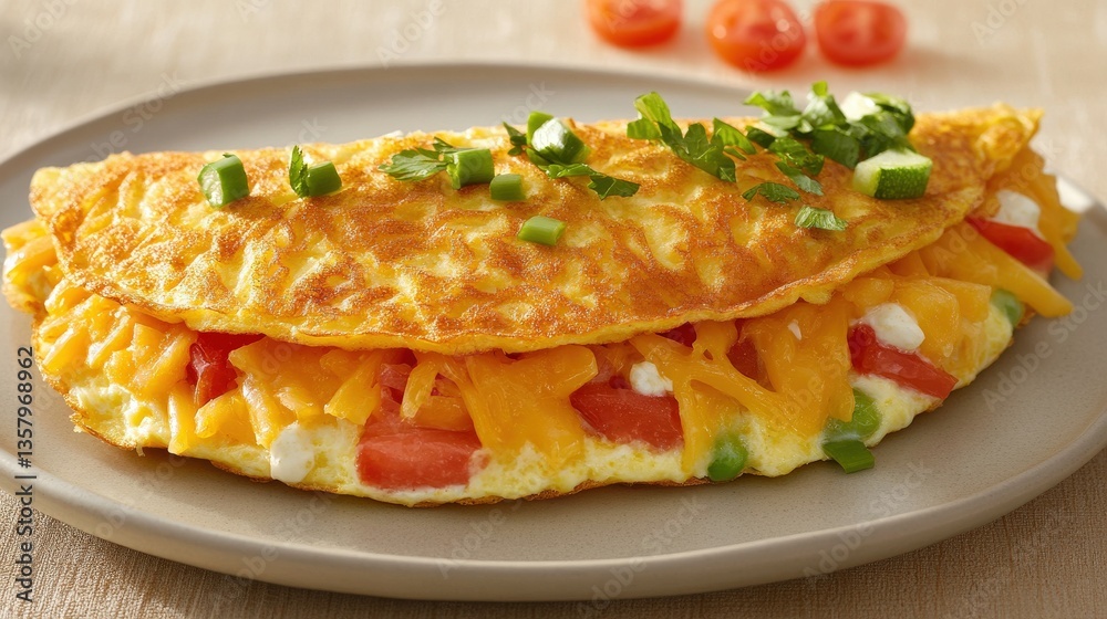 A colorful omelet is displayed on a neutral colored plate A colorful omelet is displayed on a neutral colored plate