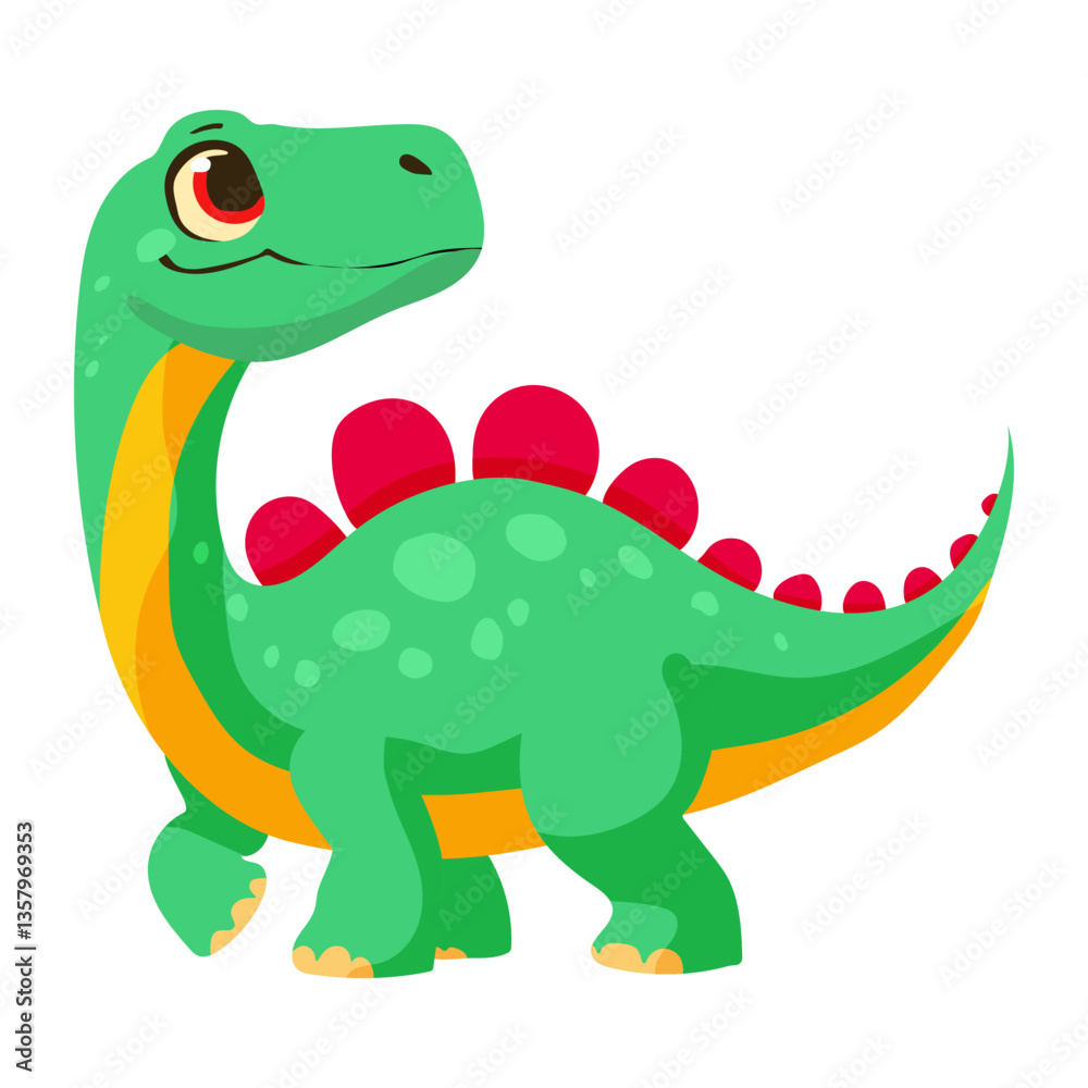 Fototapeta premium A green dinosaur with red and yellow spots is standing on a white background. The dinosaur has a happy expression on its face