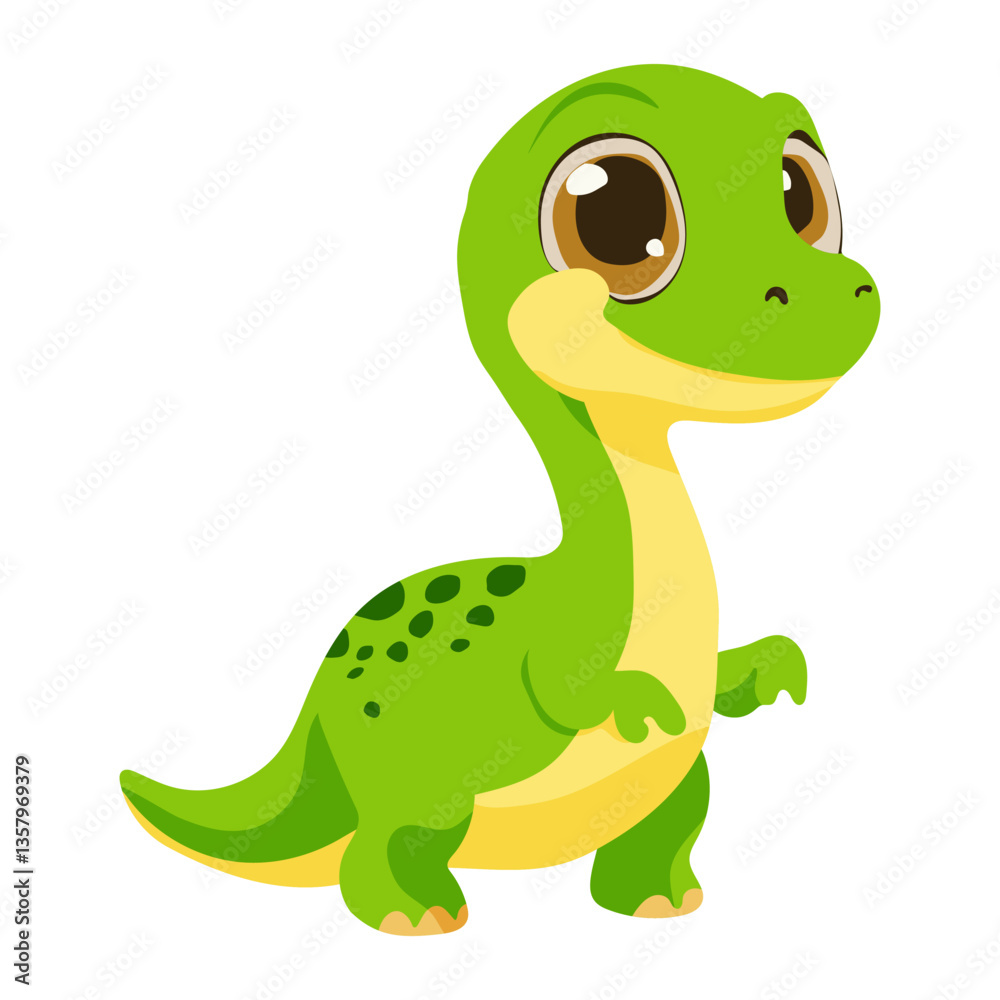 Obraz premium A cartoon dinosaur with a yellow belly and green body. It is smiling and looking at the camera