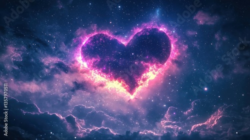 A vibrant heart shape made of colorful cosmic clouds and stars in a night sky.