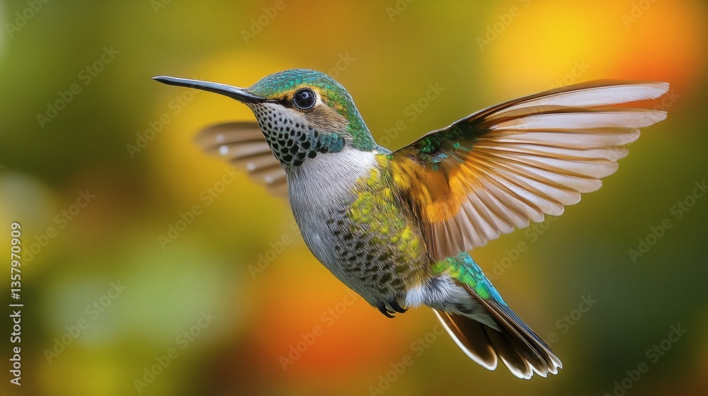 Fototapeta premium Hummingbird in flight, showcasing its iridescent feathers and delicate wings