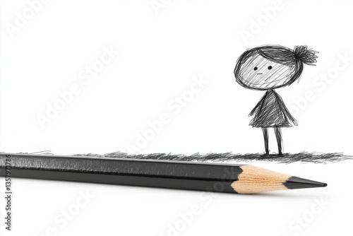 A simple sketch of a girl standing next to a pencil on a white background.