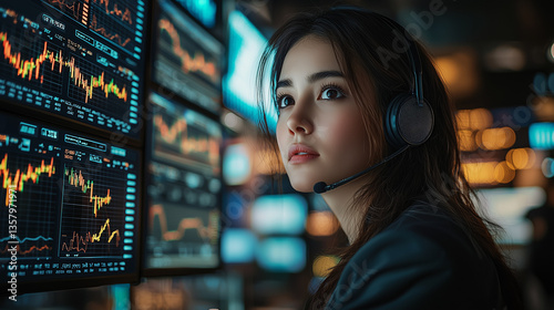 Femme trader professionnelle sur un parquet boursier – Analyse des marchés financiers en temps réel