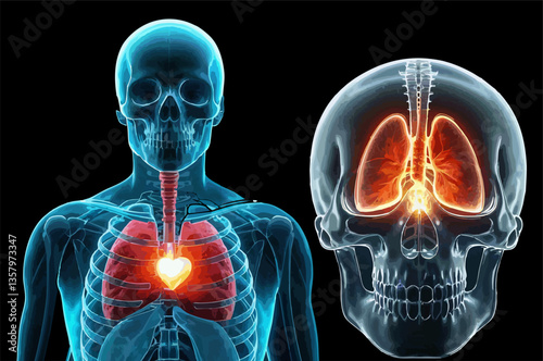 illustration of a human skull and organs with blue-red light